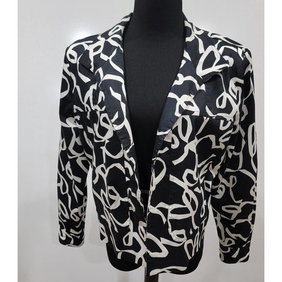 Transitions Chic Black White Cropped Open Blazer Ribbon Pattern Jacket Size 14 - Picture 1 of 9